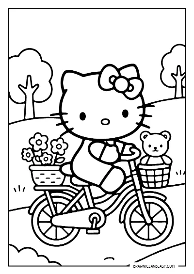 Hello Kitty Riding Bicycle Coloring Page – Free PDF coloring page preview
