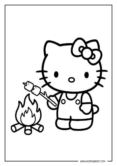 Hello Kitty Roasting Marshmallows Campfire Coloring Page – Free PDF coloring page preview