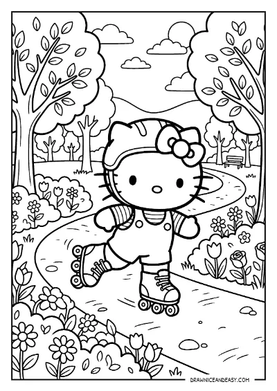Hello Kitty Rollerblading Park Coloring Page – Free PDF coloring page preview