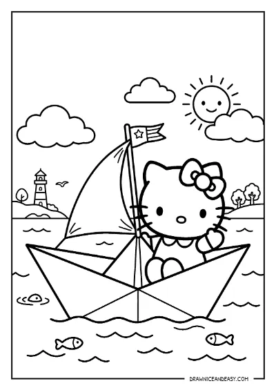 Hello Kitty Sailing Paper Boat Coloring Page – Free PDF coloring page preview