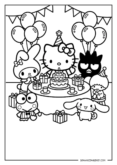 Hello Kitty Sanrio Friends Party Coloring Page – Free PDF coloring page preview