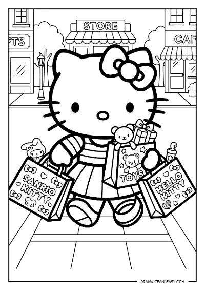 Hello Kitty Shopping Bags City Coloring Page – Free PDF coloring page preview