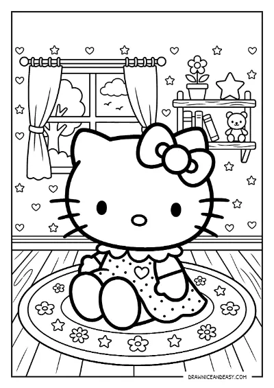 Hello Kitty Sitting Room Cozy Coloring Page – Free PDF coloring page preview