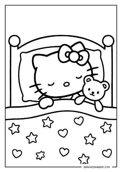 Hello Kitty Sleeping in Bed Coloring Page – Free PDF coloring page preview