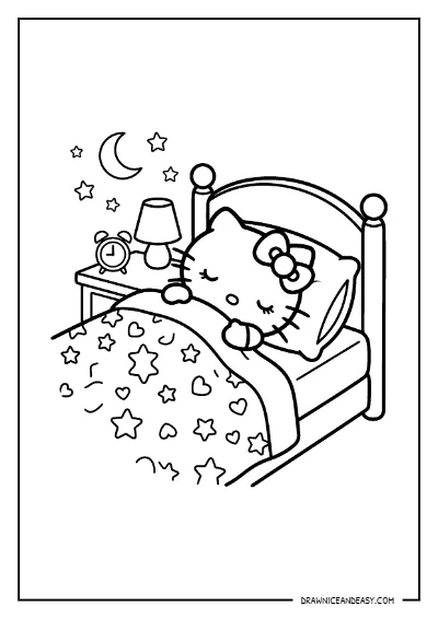 Hello Kitty Sleeping in Bed Night Coloring Page – Free PDF coloring page preview