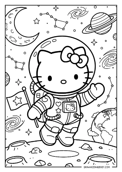 Hello Kitty Space Astronaut Adventure Coloring Page – Free PDF coloring page preview