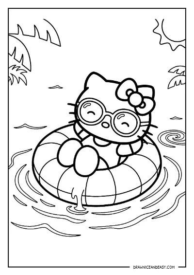 Hello Kitty Swimming Pool Float Coloring Page – Free PDF coloring page preview