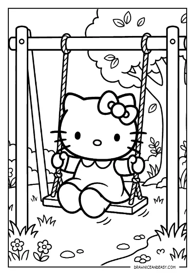Hello Kitty Swing Playground Coloring Page – Free PDF coloring page preview