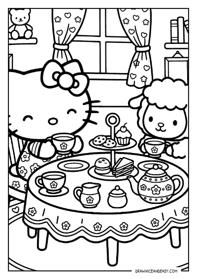 Hello Kitty Tea Party Dessert Coloring Page – Free PDF coloring page preview