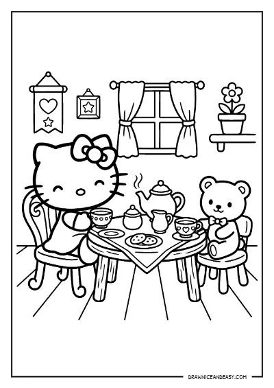 Hello Kitty Tea Party Scene Coloring Page – Free PDF coloring page preview