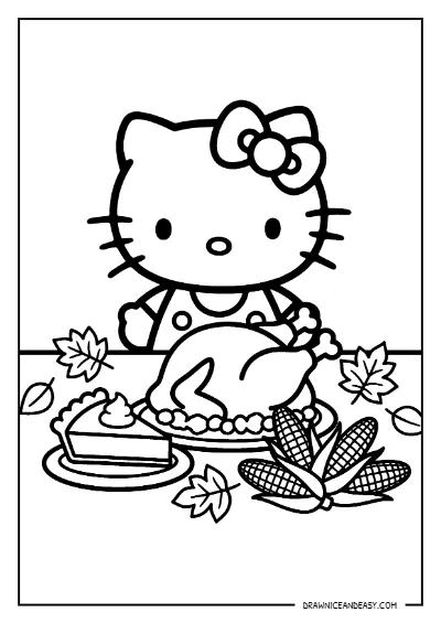 Hello Kitty Thanksgiving Dinner Turkey Coloring Page – Free PDF coloring page preview