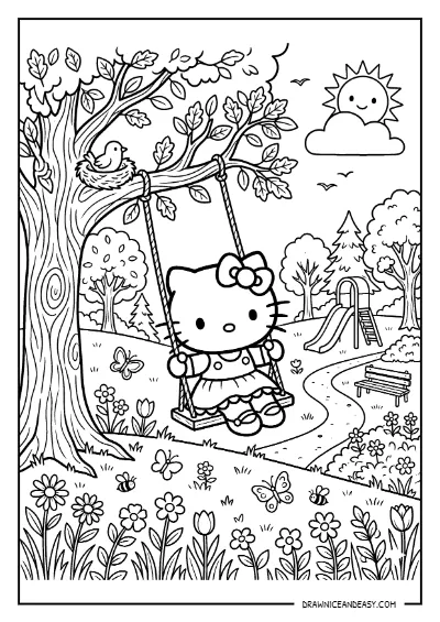 Hello Kitty Tree Nature Scene Coloring Page – Free PDF coloring page preview