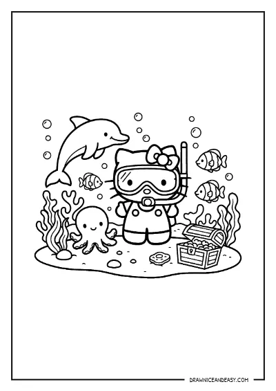 Hello Kitty Underwater Diving Coloring Page – Free PDF coloring page preview