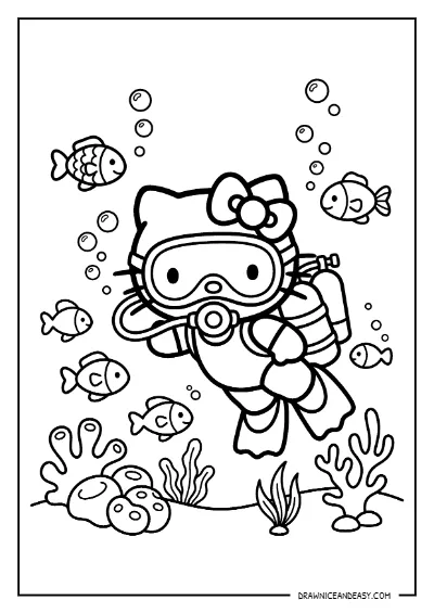 Hello Kitty Underwater Diving Scene Coloring Page – Free PDF coloring page preview