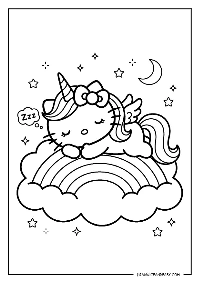 Hello Kitty Unicorn Rainbow Cloud Coloring Page – Free PDF coloring page preview