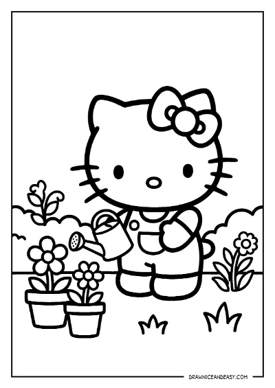 Hello Kitty Watering Plants Coloring Page – Free PDF coloring page preview