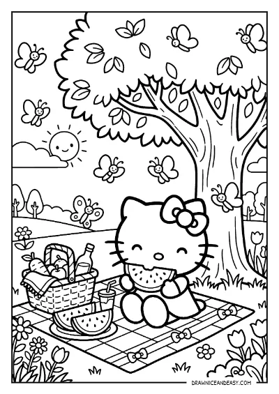 Hello Kitty Watermelon Picnic Outdoor Coloring Page – Free PDF coloring page preview