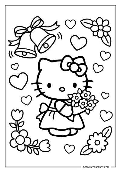 Hello Kitty Wedding Love Hearts Coloring Page – Free PDF coloring page preview