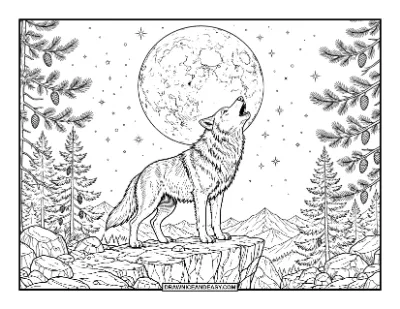 Howling Wolf Full Moon Coloring Page coloring page preview