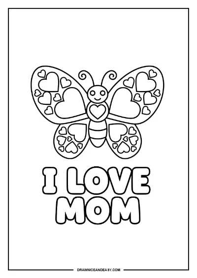I Love Mom Heart Mother's Day Coloring Page – Free PDF coloring page preview