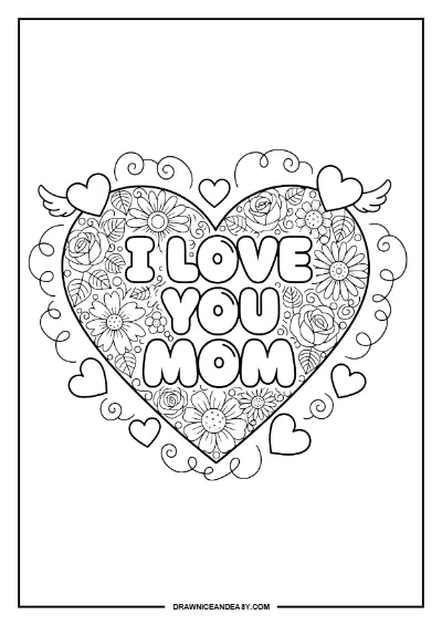 I Love You Mom Heart Mother's Day Coloring Page – Free PDF coloring page preview
