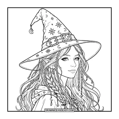 Intricate Witch Portrait Coloring Page coloring page preview