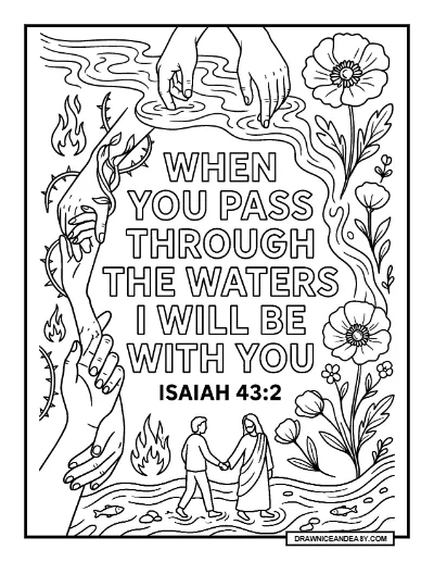 Isaiah 43:2 When You Pass Through the Waters Bible Verse Coloring Page – Free PDF coloring page preview