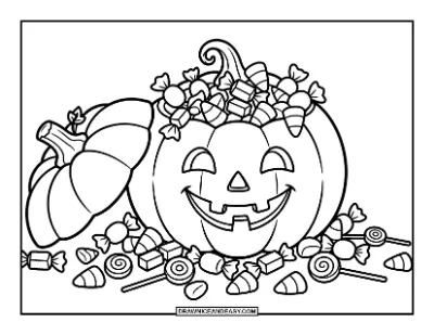 Jack-o'-Lantern Overflowing with Candy Coloring Page coloring page preview
