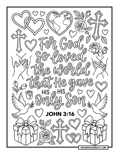 John 3:16 For God So Loved the World Bible Verse Coloring Page – Free PDF coloring page preview