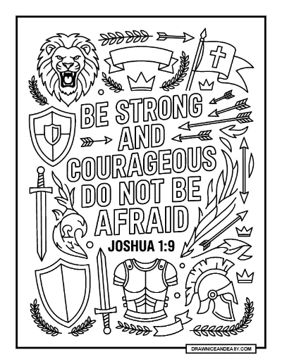 Joshua 1:9 Be Strong and Courageous Bible Verse Coloring Page – Free PDF coloring page preview