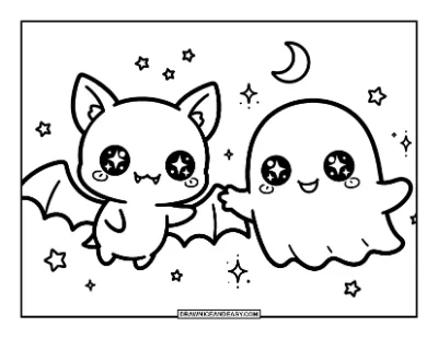 Kawaii Bat and Ghost Friends Coloring Page coloring page preview