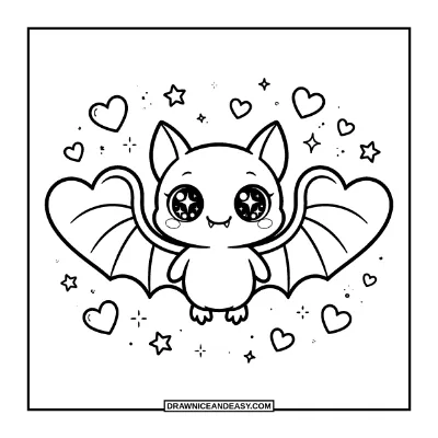 Kawaii Bat with Heart Wings Coloring Page coloring page preview