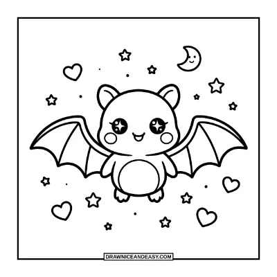 Kawaii Bat with Stars Coloring Page coloring page preview