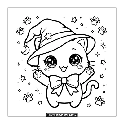 Kawaii Black Cat with a Witch Hat and Bow Coloring Page coloring page preview