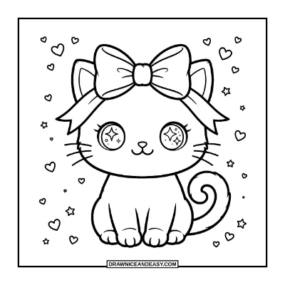 Kawaii Black Cat with Bow Coloring Page coloring page preview