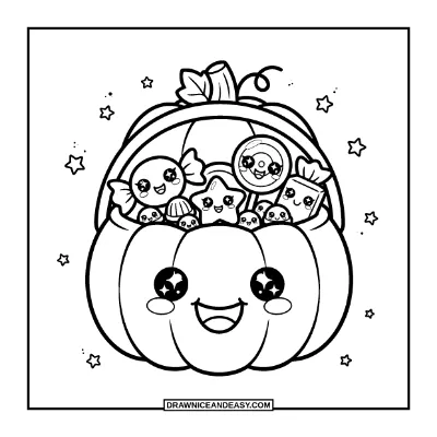 Kawaii Candy Bucket with Cute Candies Coloring Page coloring page preview