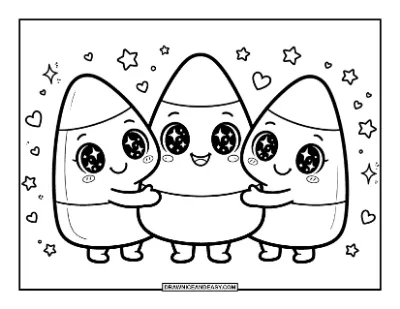 Kawaii Candy Corn Trio Friends Coloring Page coloring page preview