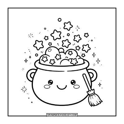Kawaii Cauldron Bubbling with Stars Coloring Page coloring page preview