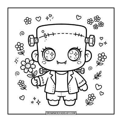 Kawaii Chibi Frankenstein Monster Holding a Flower Coloring Page coloring page preview