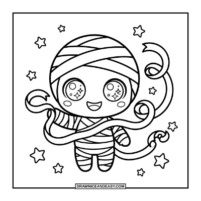 Kawaii Chibi Mummy Unwrapping Bandages Coloring Page coloring page preview