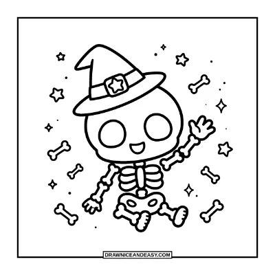 Kawaii Chibi Skeleton Waving Hello Coloring Page coloring page preview