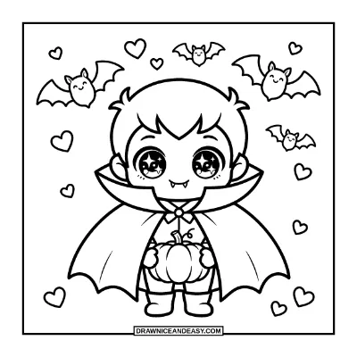 Kawaii Chibi Vampire with a Tiny Cape Coloring Page coloring page preview
