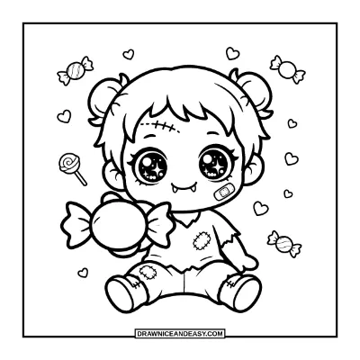 Kawaii Chibi Zombie Sharing Candy Coloring Page coloring page preview