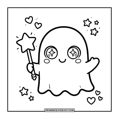 Kawaii Ghost with Big Eyes and a Star Wand Coloring Page coloring page preview