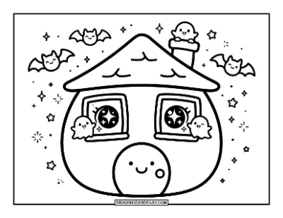 Kawaii Haunted House with a Smiling Face Coloring Page coloring page preview