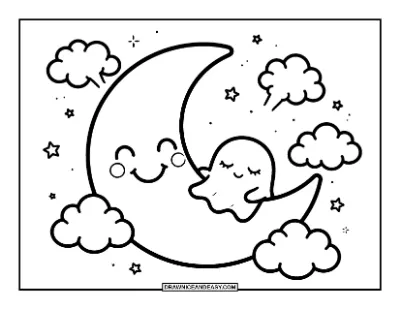 Kawaii Moon with a Sleeping Ghost Coloring Page coloring page preview
