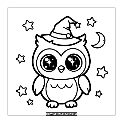 Kawaii Owl with a Tiny Witch Hat Coloring Page coloring page preview