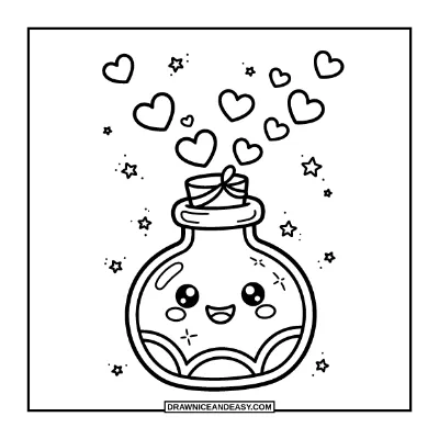 Kawaii Potion Bottle with Heart Bubbles Coloring Page coloring page preview