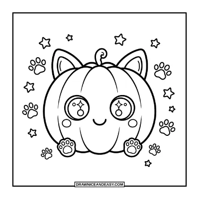 Kawaii Pumpkin with Cat Ears Coloring Page coloring page preview