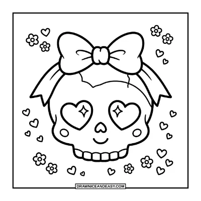 Kawaii Skull with a Bow and Flowers Coloring Page coloring page preview